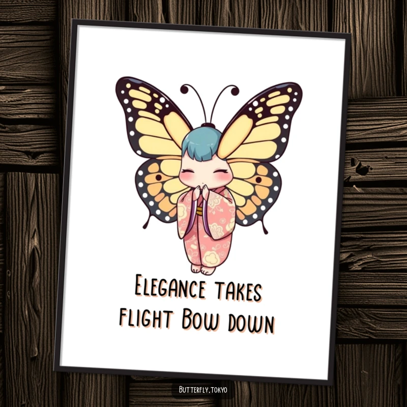 Funny Free Printable Wall Art: A beautiful butterfly in a patterned kimono bows with gentle elegance, perfect for adding chic humor to any room.