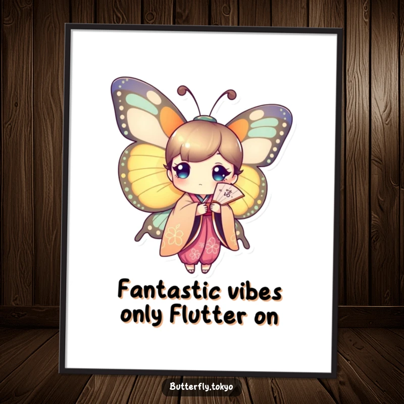 Funny Free Printable Wall Art: A butterfly in a colorful kimono elegantly holds a paper fan, creating a chic and whimsical decorative piece.
