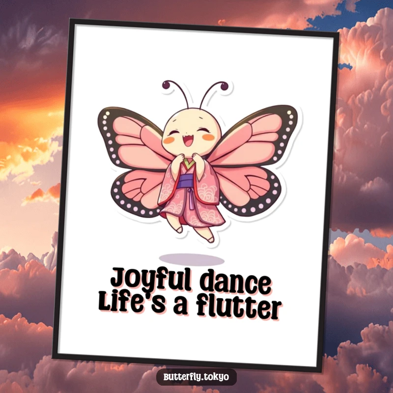 Funny Free Printable Wall Art: A butterfly in a patterned kimono dances with joyful abandon, creating a lively and cheerful visual statement.
