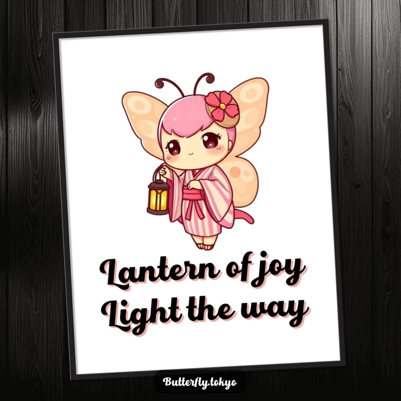Funny Free Printable Wall Art: A butterfly in a striped kimono holds a tiny lantern, casting a soft, whimsical glow perfect for decor.