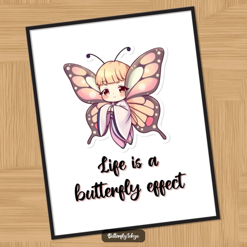 Funny Free Printable Wall Art of a butterfly wearing a flowing kimono, gracefully extending a delicate wing, adding artistic flair.