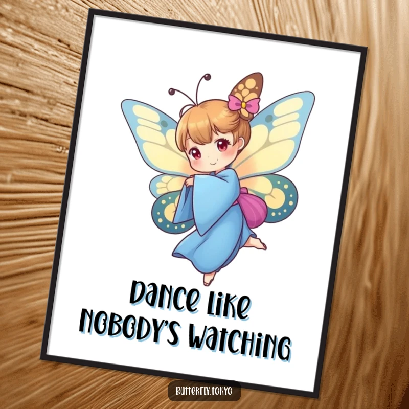 Funny Free Printable Wall Art depicting a butterfly in a blue kimono mid-spin, showing dynamic movement and playful elegance.