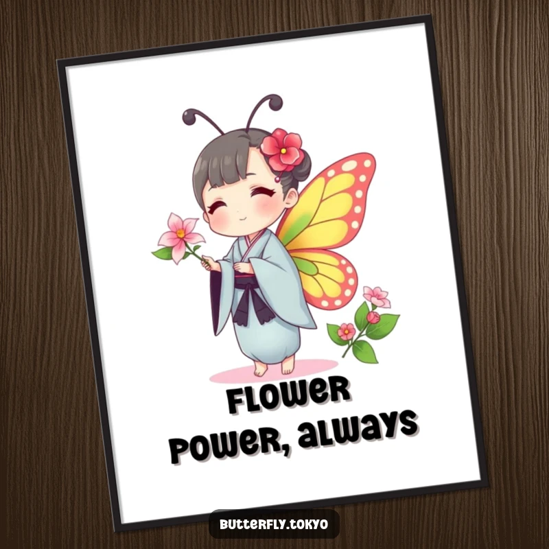 Funny Free Printable Wall Art depicting a butterfly in a traditional kimono, offering a delicate flower in a moment of peace.