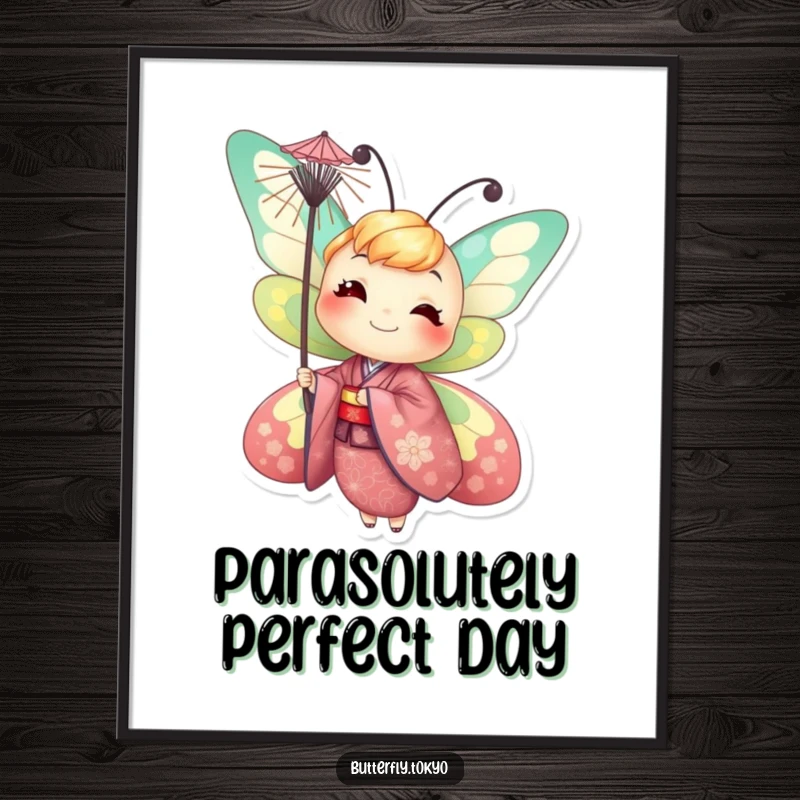 Funny Free Printable Wall Art of a smiling butterfly in a vibrant kimono, expertly balancing a tiny parasol, radiating joy.