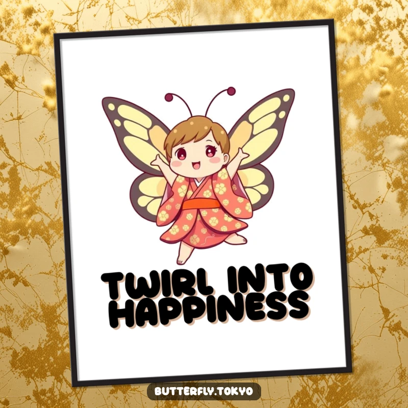 Funny Free Printable Wall Art of a butterfly in a colorful kimono, joyfully jumping and twirling, radiating pure happiness.