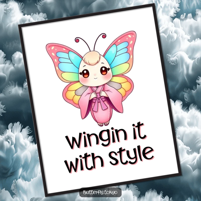 Funny Free Printable Wall Art showcasing a beautiful butterfly in a flowing pink kimono, exuding sophisticated charm and humor.