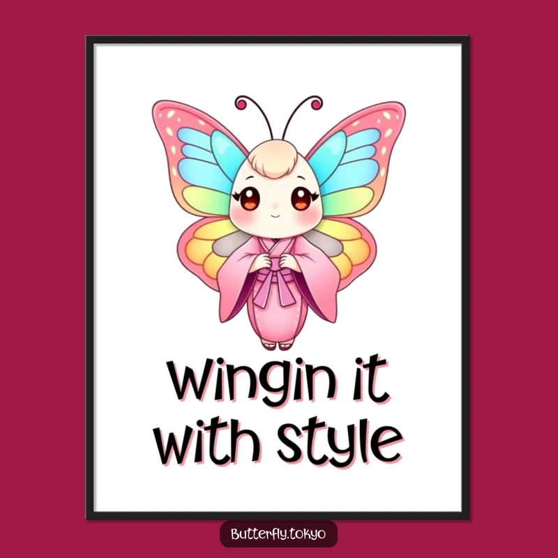 Funny Free Printable Wall Art: Elegant Butterfly in Pink Kimono, Downloadable Decor