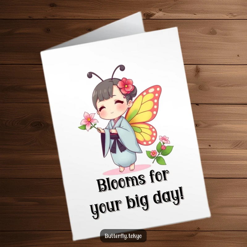 Funny Free Printable Birthday Card: a butterfly in a traditional kimono, delicately offering a flower with peaceful grace.