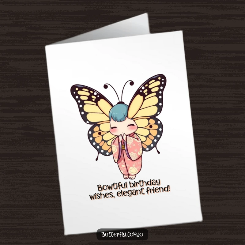 Funny Free Printable Birthday Card: A graceful butterfly in a patterned kimono bows elegantly, offering birthday wishes with a smile.