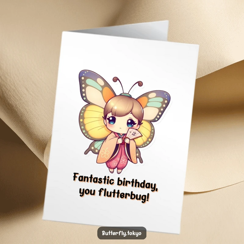 Funny Free Printable Birthday Card: A butterfly in a colorful kimono holds a delicate fan, presenting birthday wishes with flair.