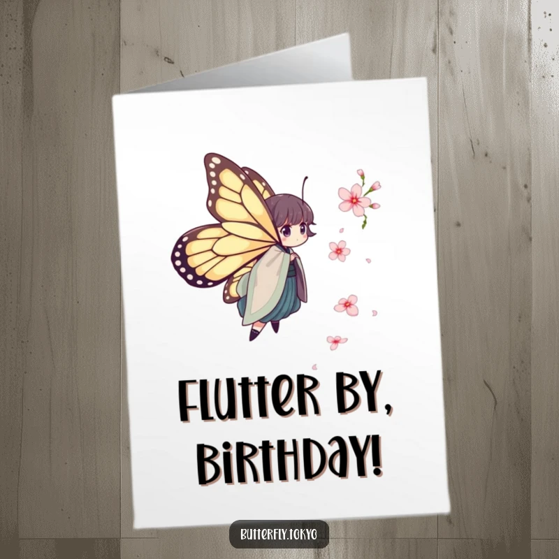 Funny Free Printable Birthday Card: a butterfly in a layered kimono chasing a falling cherry blossom with playful delight.