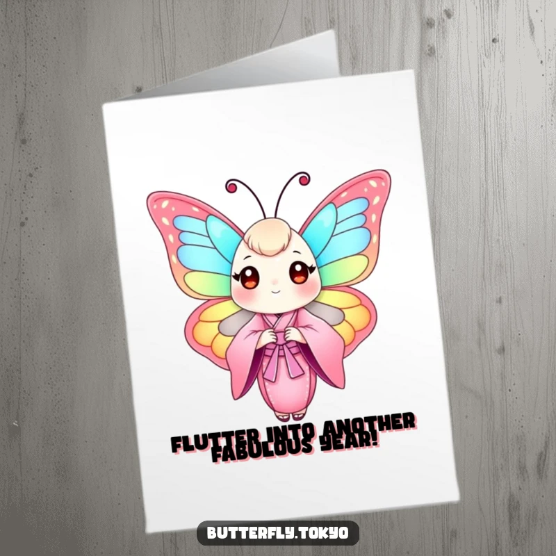 Funny Free Printable Birthday Card featuring a butterfly in a flowing pink kimono, looking fabulous and ready to party.