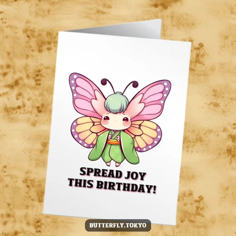 Funny Free Printable Birthday Card showing a butterfly in a green kimono with wings spread wide, ready to celebrate.
