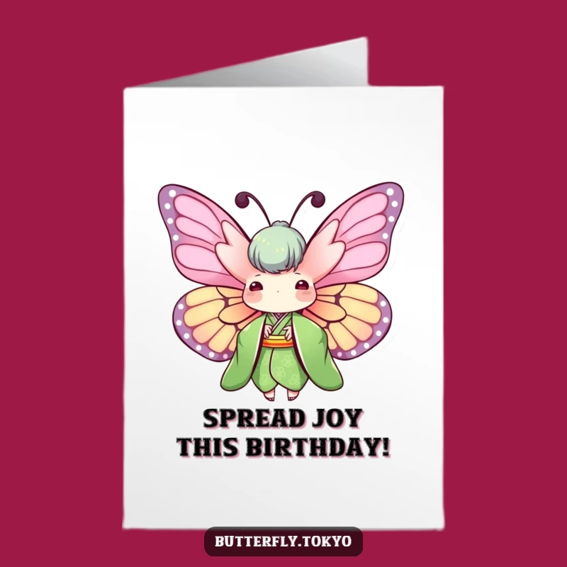 Free Printable Birthday Card: Funny Butterfly in Green Kimono, Joyful Wings, Gift