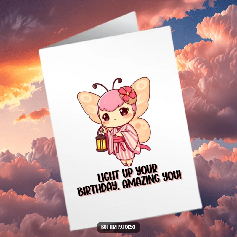 Funny Free Printable Birthday Card: A butterfly in a striped kimono holds a tiny lantern, illuminating birthday wishes with a smile.