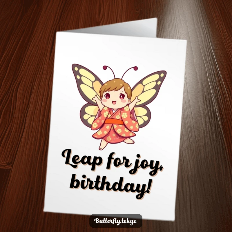 Funny Free Printable Birthday Card showing a butterfly in a colorful kimono, jumping and twirling with pure joy and energy.