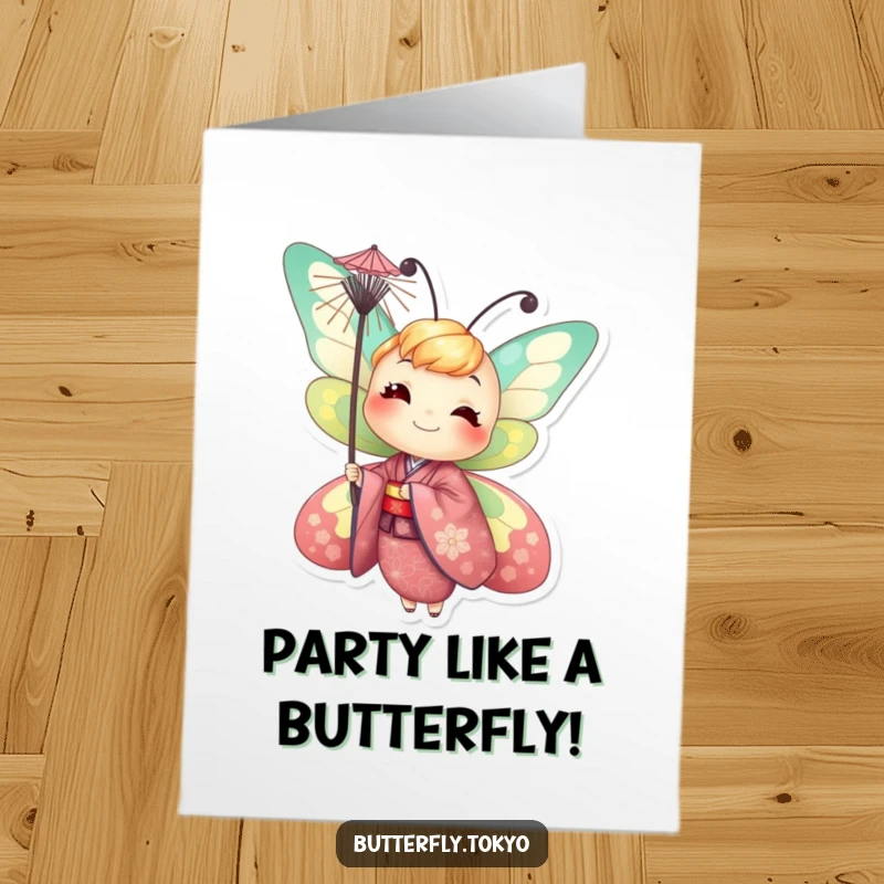 Funny Free Printable Birthday Card: a smiling butterfly in a vibrant kimono, balancing a tiny parasol, spreading happiness.