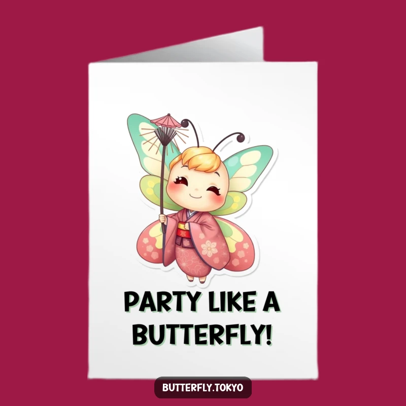 Free Printable Birthday Card: Happy Butterfly Kimono Parasol - Fun Downloadable Gift!