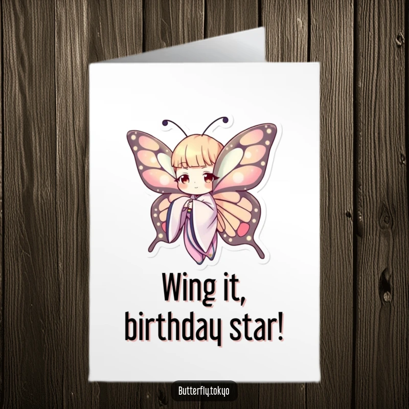 Funny Free Printable Birthday Card featuring a butterfly in a flowing kimono gracefully extending a delicate wing, ready to party.
