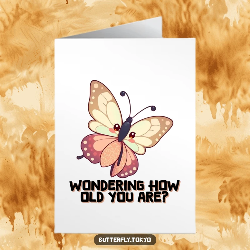 Funny Free Printable Birthday Card featuring a butterfly in a patterned kimono curiously tilting its head, wondering about the party.