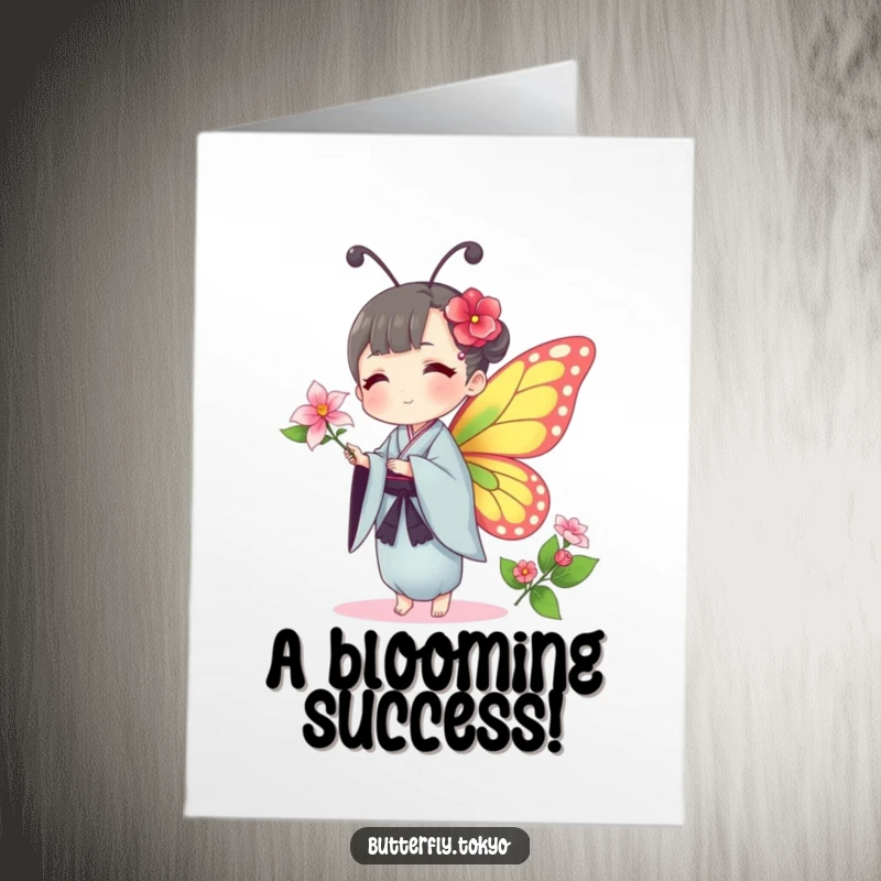 Funny Free Printable Congratulations Card featuring a butterfly in a traditional kimono, gently presenting a delicate flower.