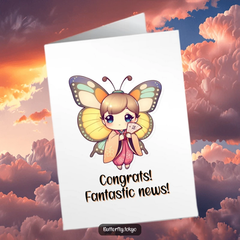 Funny Free Printable Congratulations Card: A butterfly in a vibrant kimono gracefully wields a paper fan, celebrating success with elegance.
