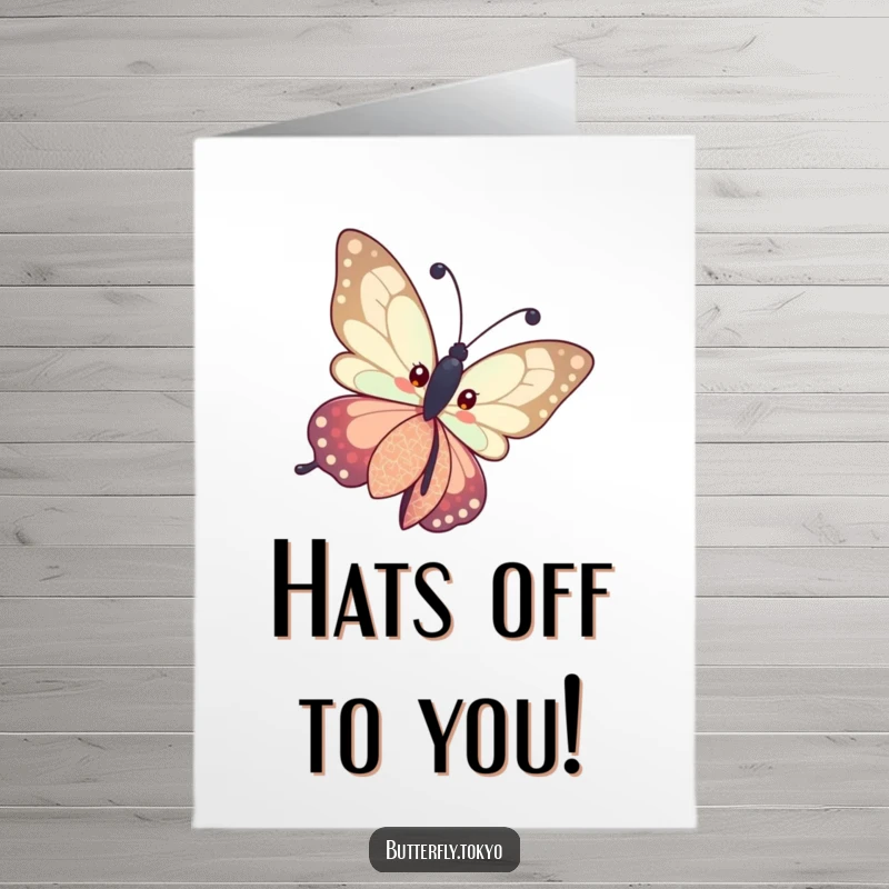 Funny Free Printable Congratulations Card showing a butterfly in a patterned kimono curiously tilting its head, admiring your success.