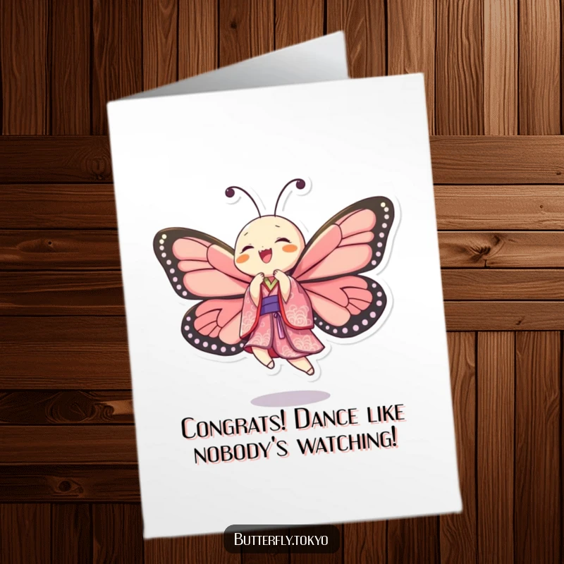 Funny Free Printable Congratulations Card: A butterfly in a patterned kimono expresses pure joy through an abandon dance, celebrating achievements.