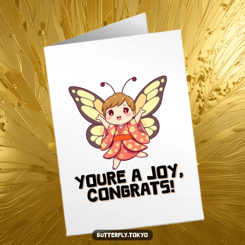 Funny Free Printable Congratulations Card: a joyful butterfly in a colorful kimono, jumping and twirling with celebratory elation.
