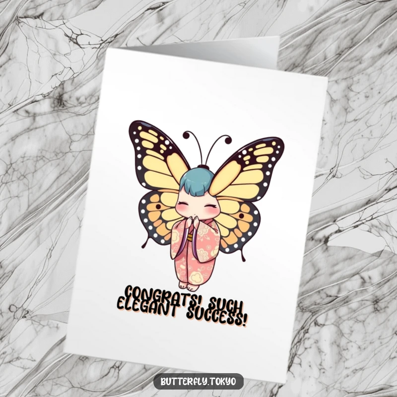Funny Free Printable Congratulations Card: An elegant butterfly in a patterned kimono bows with grace, celebrating achievements in style.