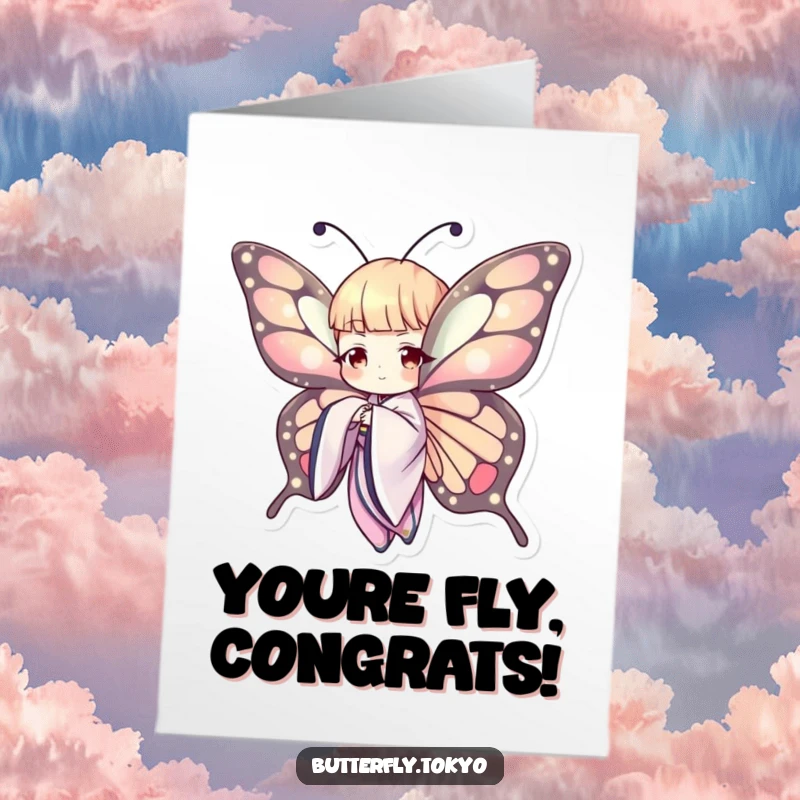 Funny Free Printable Congratulations Card showcasing a butterfly in an elegant kimono, extending a wing in celebration.
