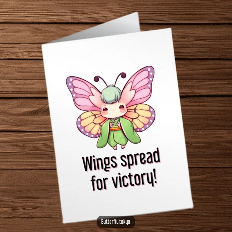 Funny Free Printable Congratulations Card featuring a butterfly in a green kimono, wings spread wide in celebration.