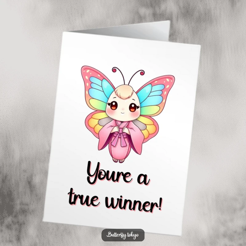 Funny Free Printable Congratulations Card showing a butterfly in a stylish pink kimono, fluttering with excitement for your success.