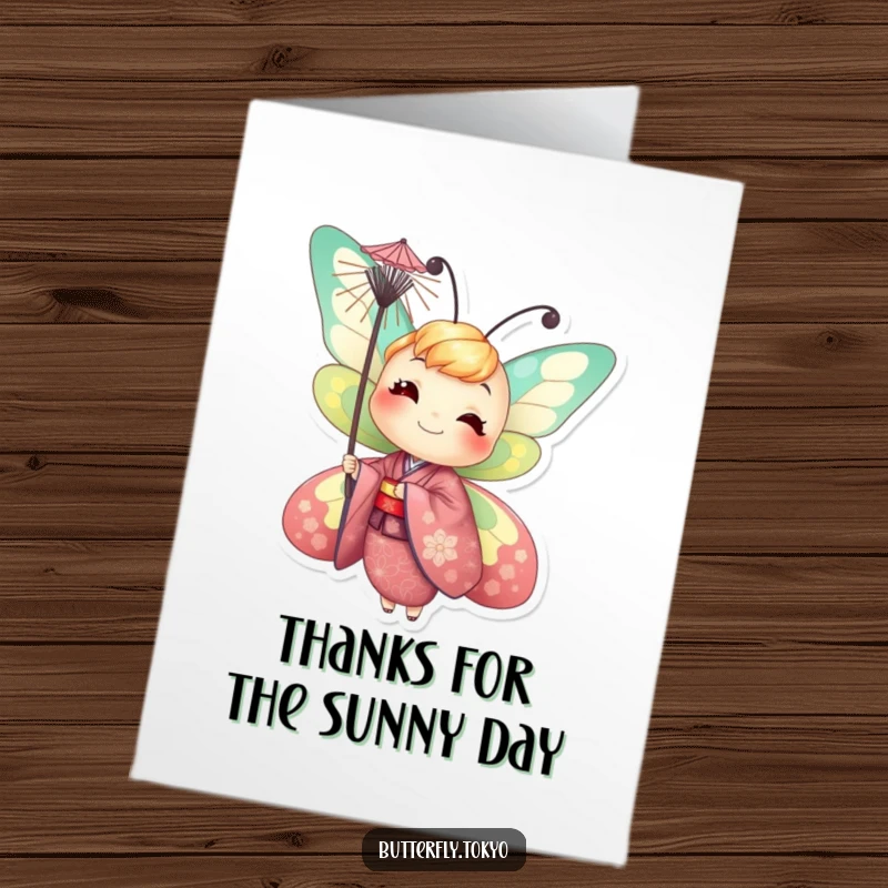 Funny Free Printable Thank You Card with a smiling butterfly in a vibrant kimono holding a tiny parasol, saying thank you.