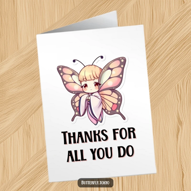 Funny Free Printable Thank You Card featuring a stylish butterfly in a kimono, gracefully offering thanks with a wing.