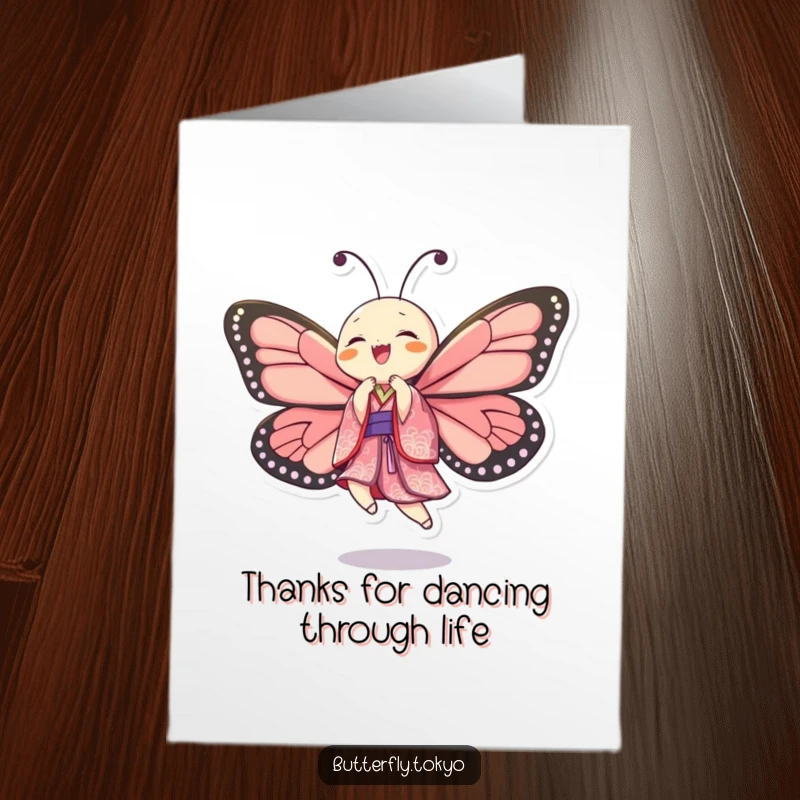 Funny Free Printable Thank You Card: A butterfly in a patterned kimono dances with unrestrained joy, conveying sincere thanks.