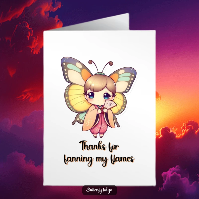 Funny Free Printable Thank You Card: A butterfly in a colorful kimono holds a delicate fan, offering thanks with stylish grace.