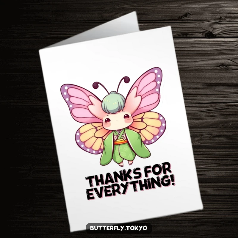 Funny Free Printable Thank You Card with a butterfly in a green kimono, wings spread wide, conveying gratitude.