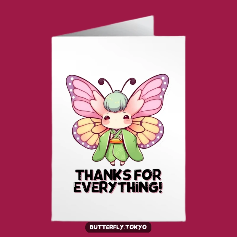 Free Printable Thank You Card: Funny Butterfly in Green Kimono, Wide Wings, Gift