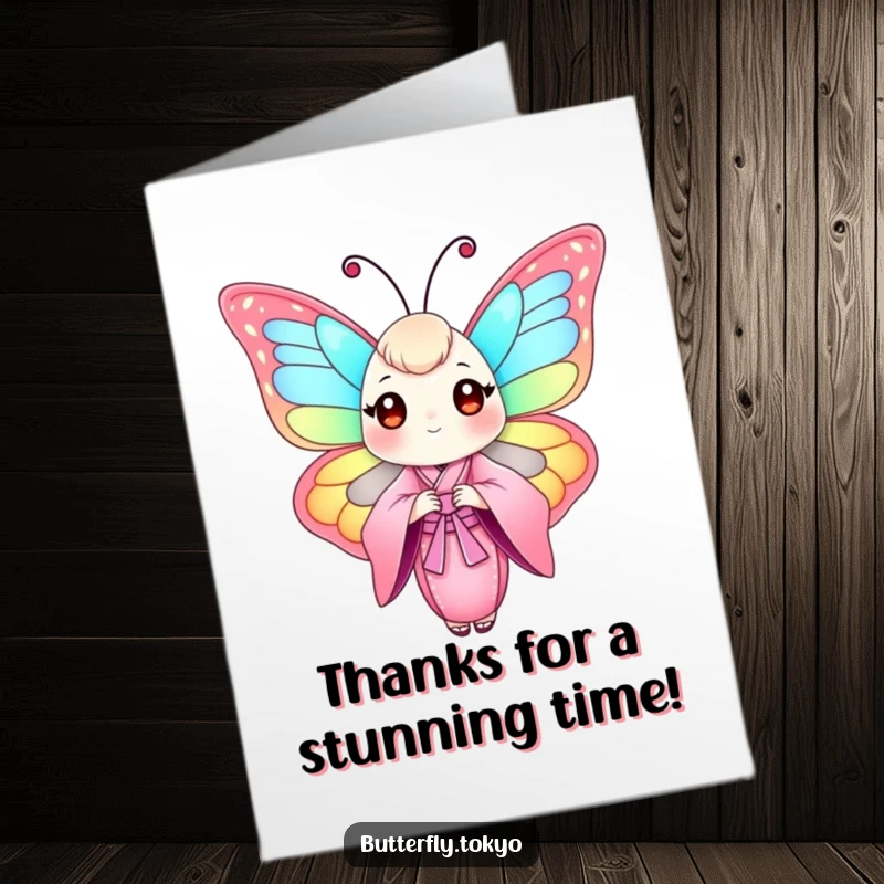 Funny Free Printable Thank You Card with a chic butterfly in a pink kimono, expressing heartfelt thanks with a grin.