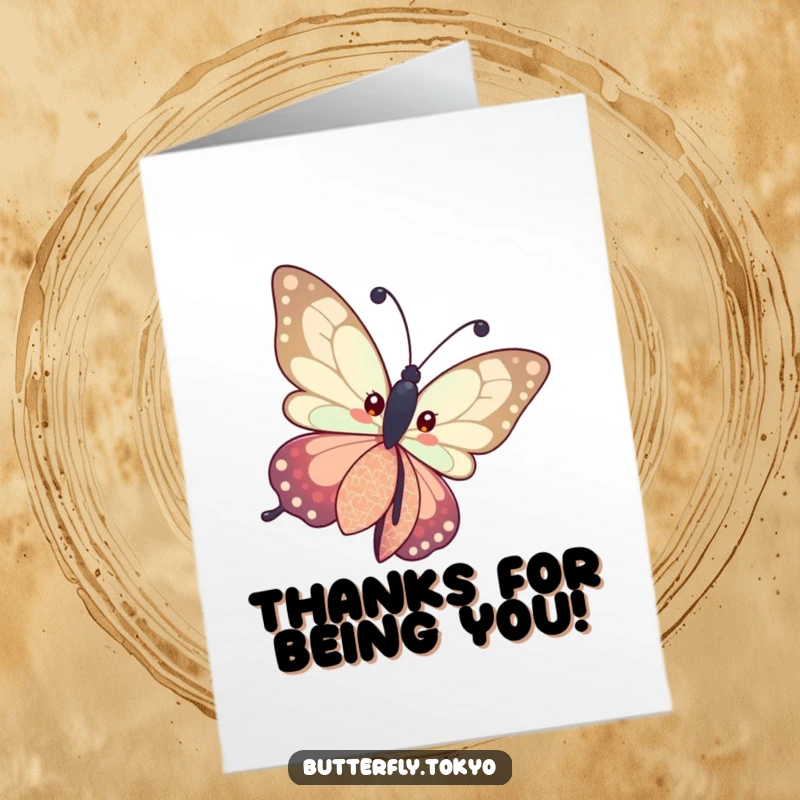 Funny Free Printable Thank You Card with a butterfly in a patterned kimono curiously tilting its head, pondering your kindness.