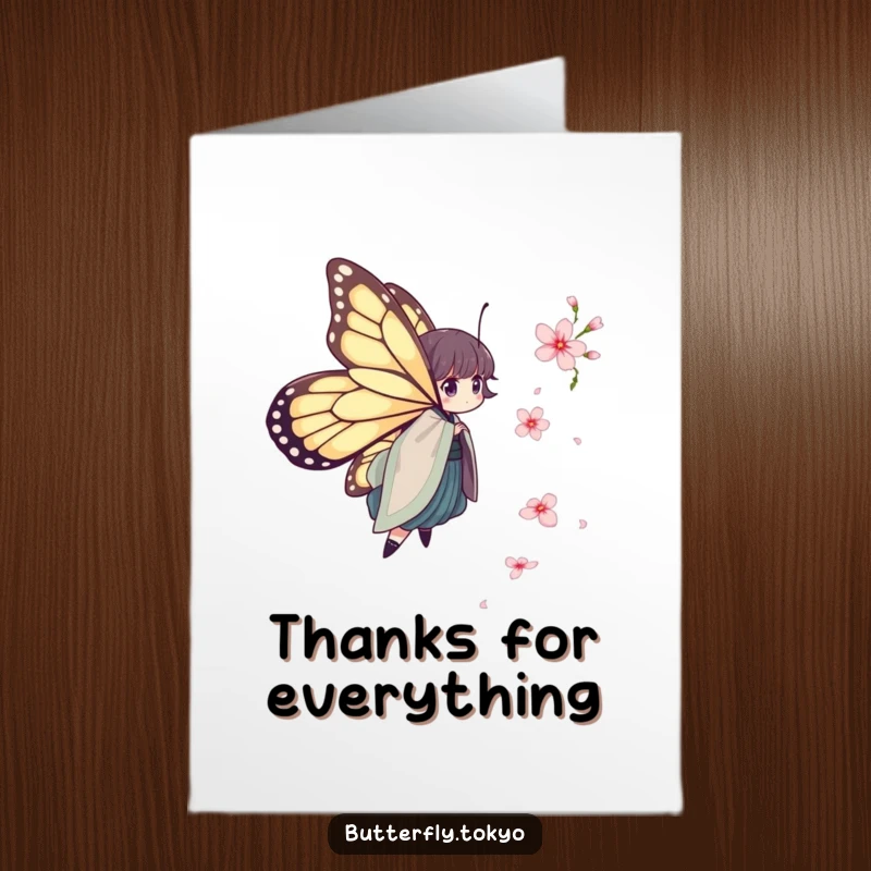 Funny Free Printable Thank You Card of a butterfly in a layered kimono, gracefully chasing a falling cherry blossom.
