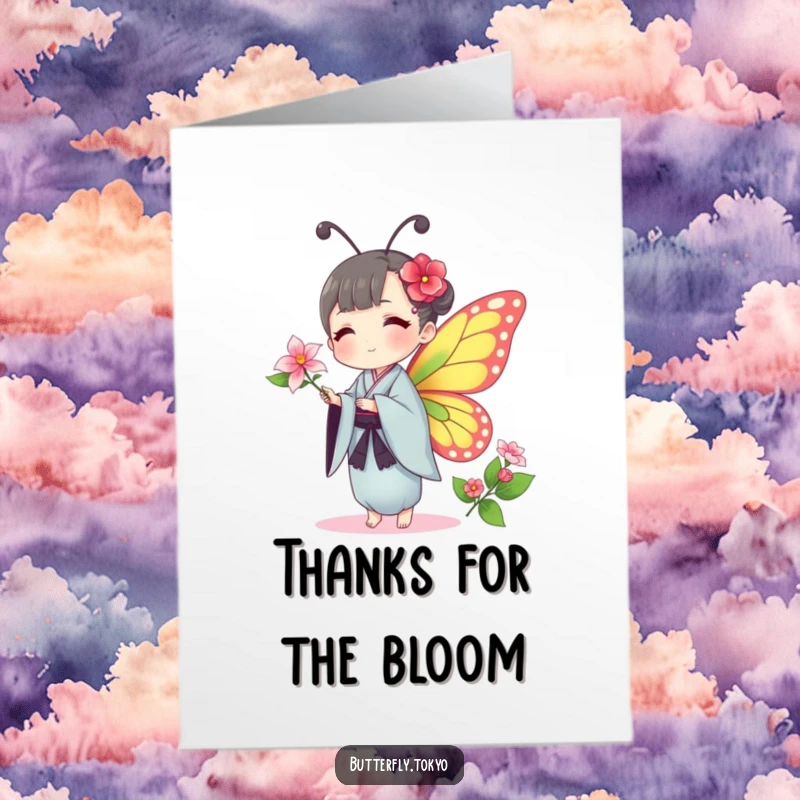Funny Free Printable Thank You Card of a butterfly in a traditional kimono, offering a delicate flower with kindness.