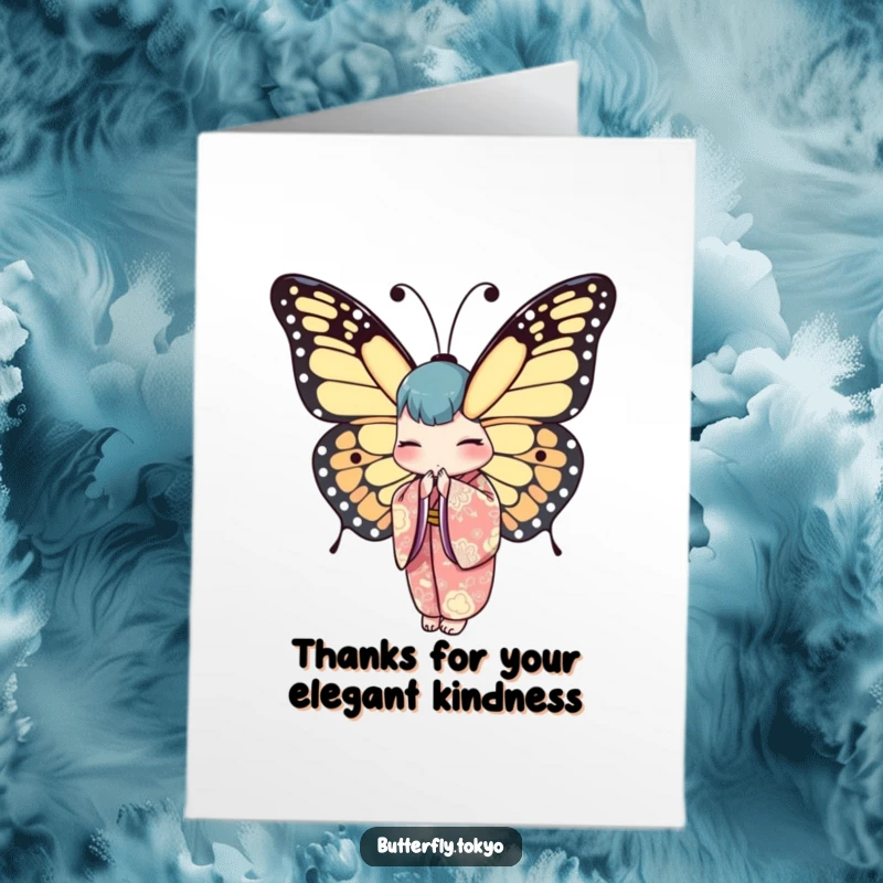 Funny Free Printable Thank You Card: A butterfly in a patterned kimono performs a graceful bow, conveying sincere thanks with charm.