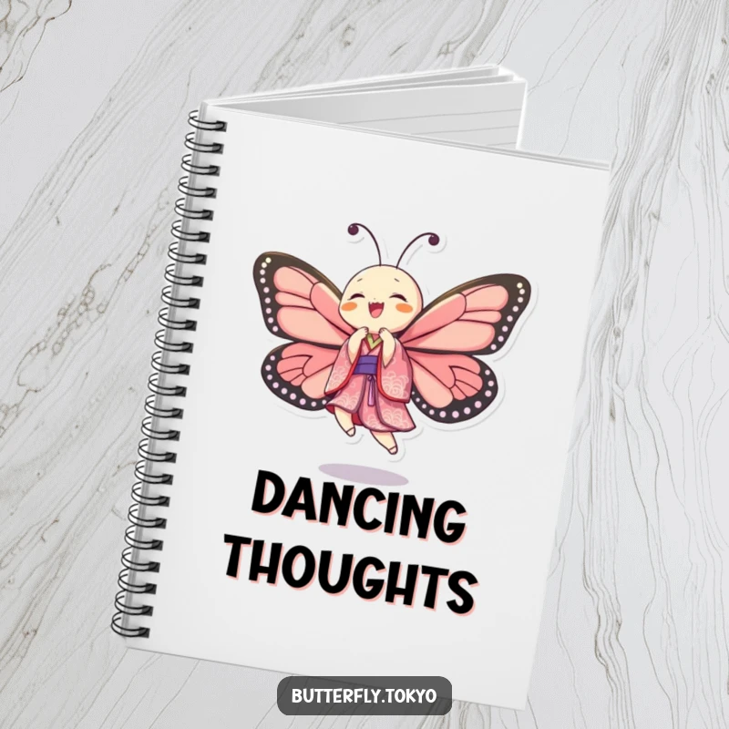 Funny Butterfly Kimono Dancer Notebook featuring a butterfly in a patterned kimono, dancing with carefree, exuberant energy.