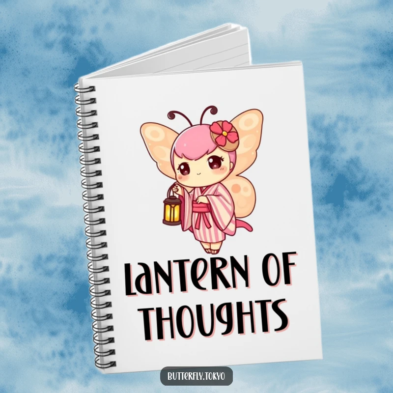 Funny Butterfly Lantern Notebook featuring a butterfly in a striped kimono, holding a tiny, lit lantern.