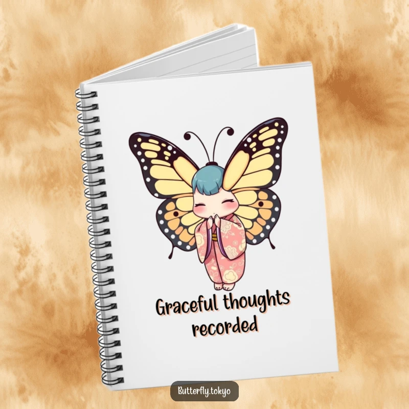 Funny Butterfly Kimono Notebook with a cover depicting an elegant butterfly in a kimono, performing a graceful bow.