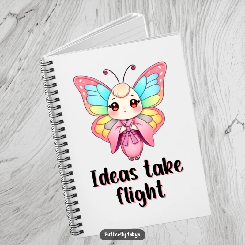 Funny Butterfly Pink Kimono Notebook showcasing a colorful butterfly in a flowing pink kimono, perfect for writing and sketching ideas.