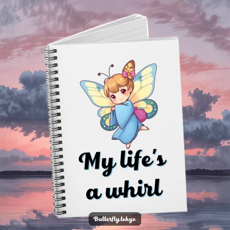 Funny Butterfly Blue Kimono Notebook illustrating a butterfly in a blue kimono mid-spin, perfect for journaling creative ideas.