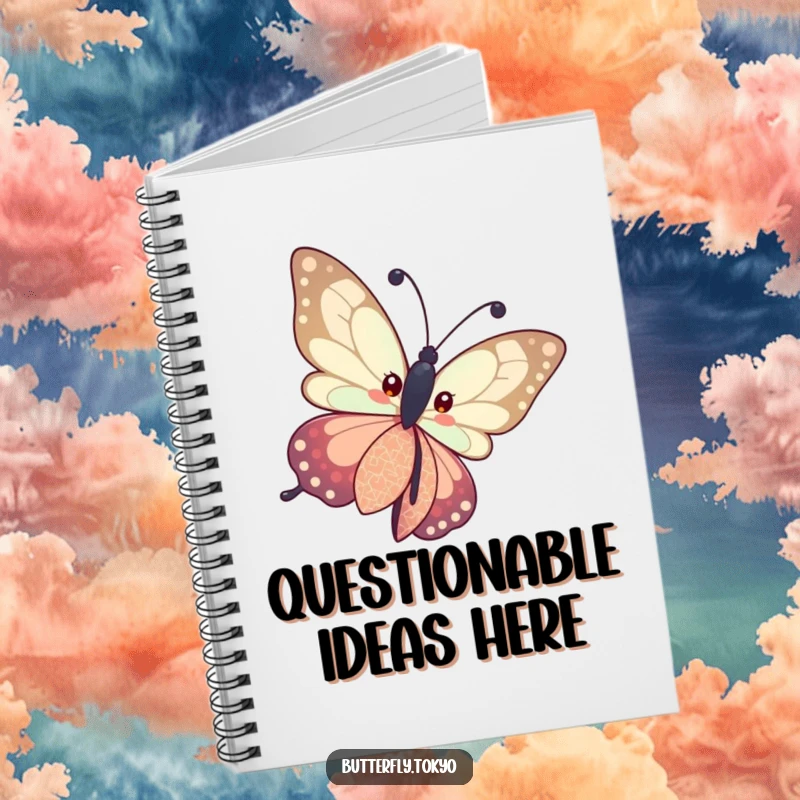 Funny Butterfly Patterned Kimono Notebook illustrating a butterfly curiously tilting its head in a patterned kimono, perfect for thoughtful notes.